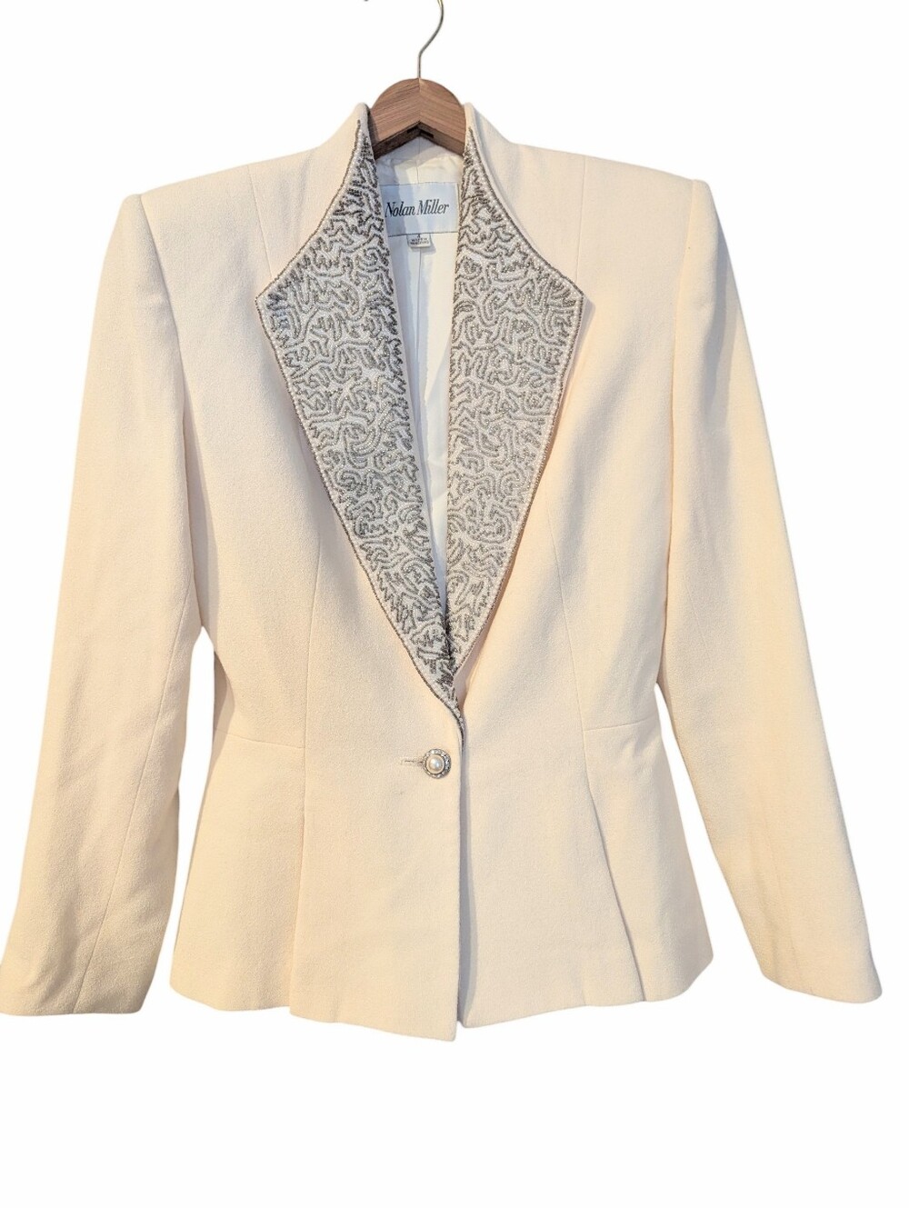 Vintage NOLAN MILLER Off-White/Cream Beaded Shawl Collar Evening Blazer Size 4